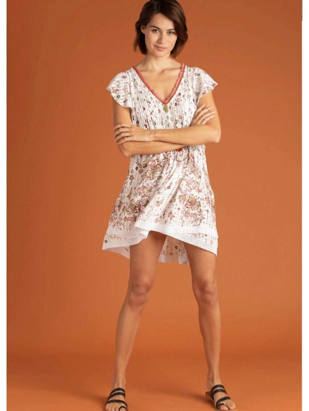 POUPETTE ST BARTH Mila Mini Dress White Rombo Print V Neck Tassel Tie Size XS